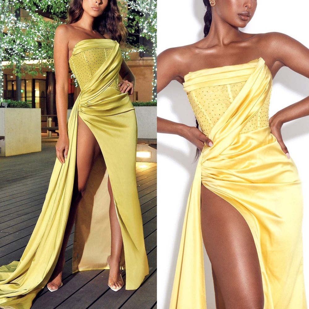 Miss Circle Yellow Crystallized Corset High Slit Satin Gown